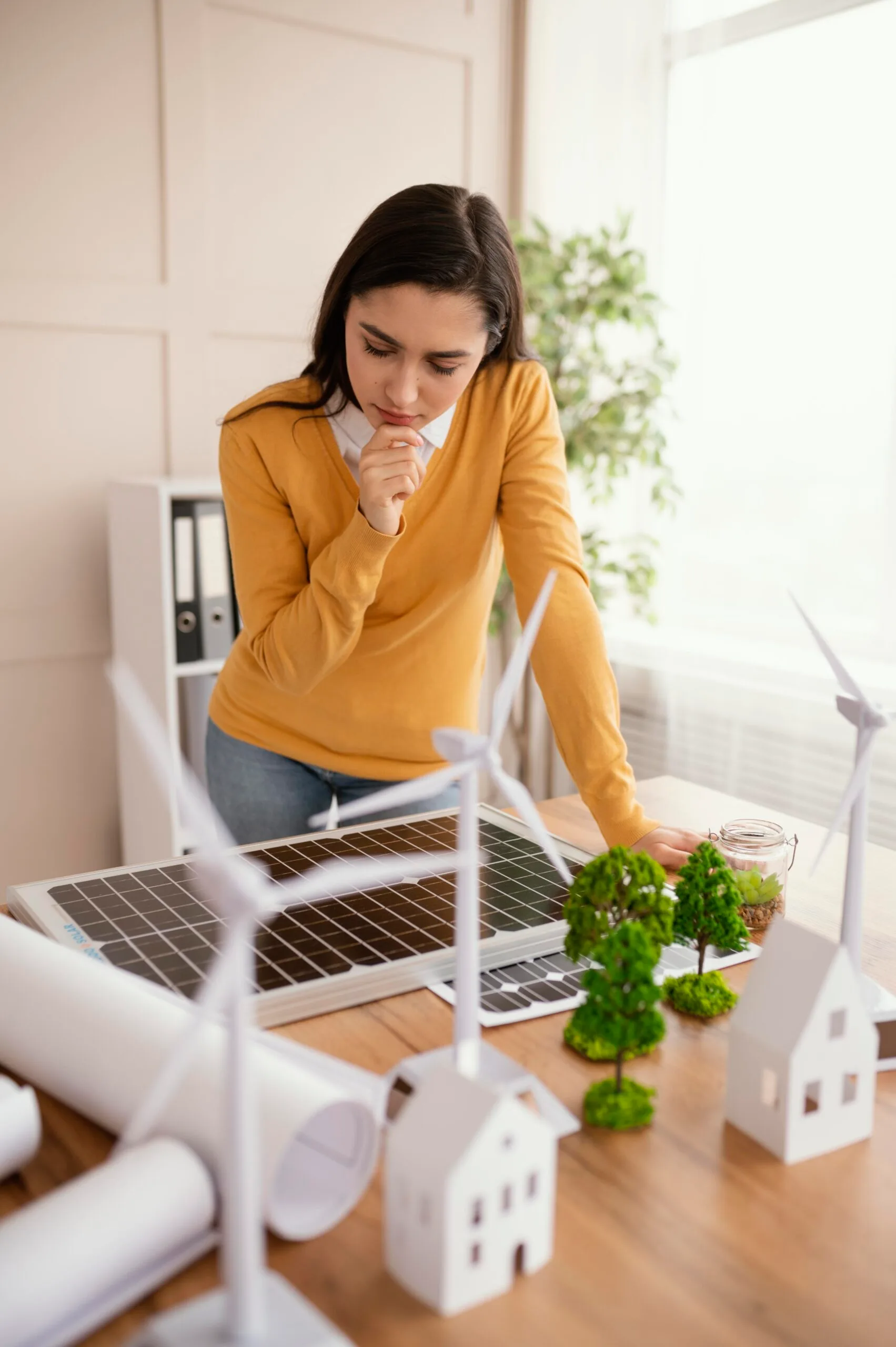 Rådgiver arbejder med energiplanlægning ved en model med vindmøller